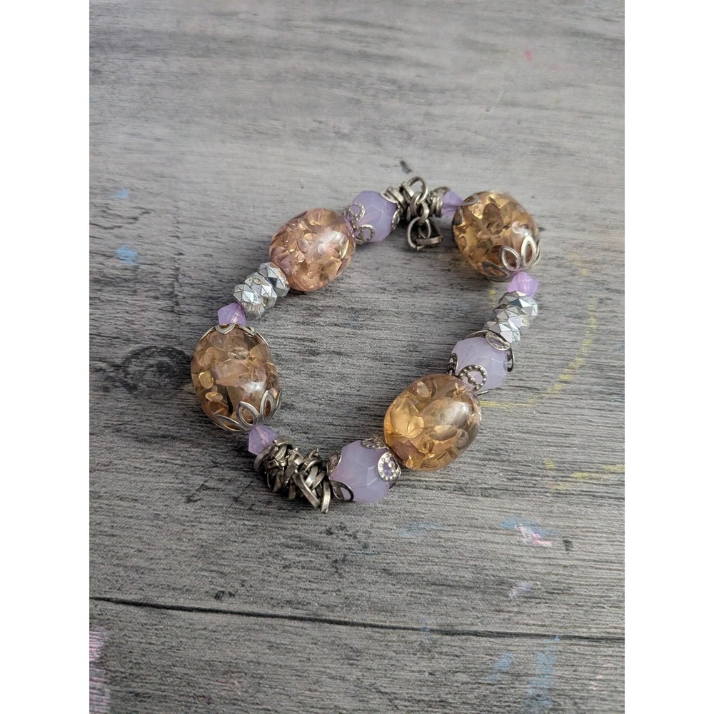 Boho Beaded Stretch Bracelet Amber Crackle Glass Lilac Purple Silver Tone Multi